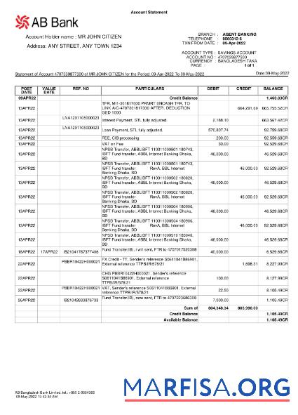 Printable Bangladesh AB bank statement word example